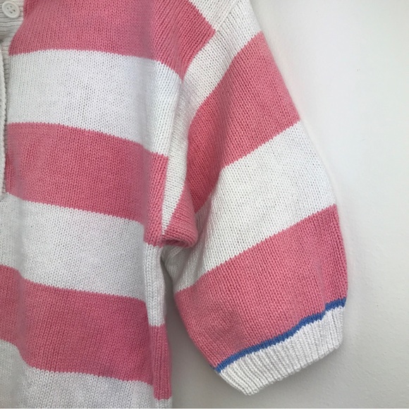 VTG Eddie Bauer Short Sleeve Sweater Made in USA Pink Stripe Half Button - Picture 5 of 14